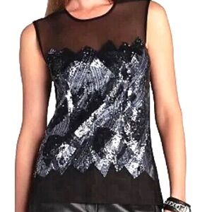 BCBGMaxAzria Jalen Black Sequin Embellished Mesh Tank Top